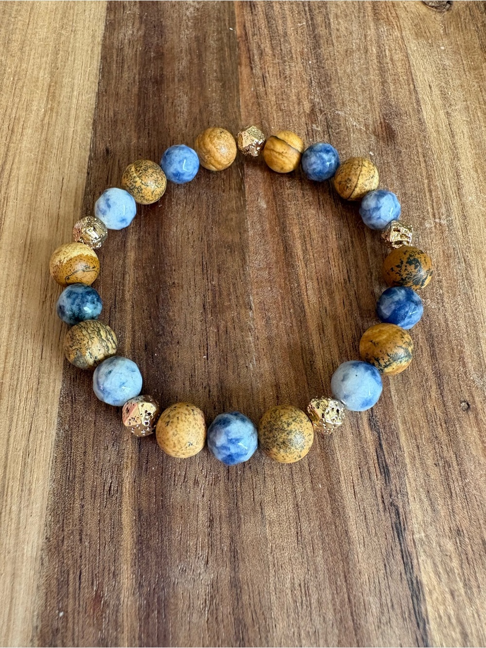 Handmade Beaded Bracelet w/ Blue Sodalite, Picture Jasper, & Lava Stone